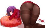  ass black_legwear breasts crotch_seam from_behind frown hizuki_akira large_breasts long_hair natsume_(pokemon) pantyhose pencil_skirt pillow poke_ball poke_ball_(generic) pokemon purple_hair red_eyes skirt solo thigh_gap thighband_pantyhose top-down_bottom-up 