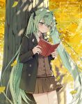  1girl artist_name autumn autumn_leaves black_jacket black_ribbon blush book braid brown_cardigan brown_skirt buttons cardigan closed_mouth collared_shirt commentary cowboy_shot ctd_114 day green_eyes green_hair hair_between_eyes hair_ornament hair_ribbon hairclip hatsune_miku highres holding holding_book jacket leaf long_hair long_sleeves miniskirt necktie open_book open_clothes open_jacket outdoors parallel_hairclips pleated_skirt red_necktie ribbon shirt skirt solo standing tears tree twintails very_long_hair vocaloid watermark white_shirt 