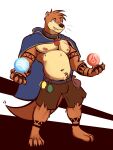  2025 3:4 anthro arm_scar armpit_hair bag belly belly_tuft belt black_background black_nose blue_eyes body_hair bottomwear cheek_tuft chest_scar chest_tuft claws cloak clothing collar facial_tuft full-length_portrait head_tuft hi_res leg_tattoo looking_aside magic_user male mammal membrane_(anatomy) mustelid navel nipples orb otter pecs pink_nipples portrait scar shorts simple_background smile solo standing tail tattoo teeth tuft ventkazemaru webbed_hands whisker_spots whiskers white_background 