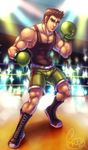  blue_eyes boots boxing_gloves boxing_ring brown_hair camera_flash cross-laced_footwear eyebrows fighting_stance lace-up_boots little_mac male_focus manly muscle pectorals punch-out!! rho_(rhoart) shorts solo sweat tank_top thick_eyebrows 
