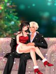  1boy 1girl artist_request black_hair blonde_hair blue_eyes boots christmas cloud_strife couch final_fantasy final_fantasy_vii formal high_heel_boots high_heels legs long_hair looking_at_viewer mamio2012 red_eyes sitting sitting_on_person suit thighs tifa_lockhart 