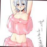  arms_up blue_eyes blush braid food food_as_clothes frown in_food izayoi_sakuya minigirl neko_majin nude oversized_food oversized_object pudding see-through short_hair silver_hair solo touhou translation_request twin_braids 