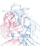  2girls blue_eyes ceras_yanagida_lilienfeld collared_shirt commentary cowboy_shot edel_note fang hasunosora_fantasy hat head_wreath highres imminent_kiss katsuragi_izumi link!_like!_love_live! love_live! multiple_girls multiple_monochrome official_alternate_costume open_mouth orange_eyes shirt simple_background sketch spot_color white_background yrxy_settingsun yuri 