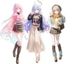  3girls absurdres alternate_costume aqua_eyes aqua_hair bag black_bag black_boots black_jacket black_skirt blue_hair boots breasts brown_bag brown_shoes brown_skirt closed_mouth coat cyrene_(honkai:_star_rail) cyrene_(ripples_of_past_reverie)_(honkai:_star_rail) diamond-shaped_pupils diamond_(shape) face_jewel firefly_(honkai:_star_rail) flower full_body gradient_hair hair_flower hair_ornament halo hand_on_own_chest hand_up hat highres honkai:_star_rail honkai_(series) jacket jewel_under_eye jewelry knee_boots kneehighs leg_warmers long_hair long_skirt long_sleeves looking_at_viewer medium_breasts midriff_peek miniskirt multicolored_hair multiple_girls necklace open_clothes open_jacket open_mouth parted_lips pink_hair pink_jacket purple_eyes robin_(honkai:_star_rail) scarf seina_106 shoes shoulder_bag simple_background skirt smile socks standing standing_on_one_leg sweater symbol-shaped_pupils teeth upper_teeth_only very_long_hair white_background white_hair white_socks winter_clothes winter_coat yellow_scarf 