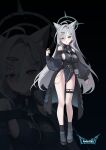  1girl ahoge alternate_costume animal_ear_fluff animal_ears ankh ankle_socks bare_shoulders belt black_background black_choker black_leotard black_nails black_shoes black_socks blue_archive blue_eyes blush breasts broken_halo character_doll choker cross cross_hair_ornament dark_halo doll ear_piercing earrings extra_ears grey_hair hair_between_eyes hair_ornament hairclip halo hand_up heart heart_hair_ornament highres inverted_cross jewelry leotard long_hair long_sleeves looking_at_viewer mismatched_pupils off-shoulder_leotard oninaart parallel_hairclips parted_lips piercing ring shiroko_terror_(blue_archive) shoes sideboob single_earring sleeves_past_wrists socks solo studded_belt studded_thigh_strap thigh_strap wolf_ears wolf_girl zipper_leotard zoom_layer 
