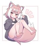  1girl :o animal_ear_fluff animal_ears bare_legs barefoot black_hoodie black_tank_top blush border commentary curled_up fang highres hood hood_down hoodie long_sleeves looking_at_viewer multicolored_hair no_pants off_shoulder open_clothes open_hoodie original panties parted_lips pink_border pink_eyes pink_hair roro_(roshi_to) roshi_to short_hair skin_fang striped_clothes striped_panties symbol-only_commentary tail tank_top two-tone_hair underwear v white_background white_hair wolf_ears wolf_girl wolf_tail 