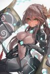  1girl absurdres andromeda_(fate) armor black_bodysuit black_eyes blush bodysuit braid breasts brown_hair commentary_request cosplay covered_navel crown_braid dark-skinned_female dark_skin fate/grand_order fate/samurai_remnant fate_(series) green_eyes grey_bodysuit grin highres japanese_armor katana large_breasts laurel_crown long_hair looking_at_viewer low_twintails medium_breasts multicolored_bodysuit neon_trim parted_bangs purple_hair short_hair sidelocks smile solo sword thighs twintails two-tone_bodysuit ushi_gozen_(avenger)_(fate) ushi_gozen_(fate) ushi_gozen_(fate)_(cosplay) weapon zasyuu_11 