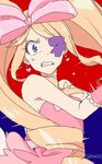  bare_shoulders blonde_hair bow clenched_teeth dress drill_hair earrings eyepatch hair_bow harime_nui heart jewelry kill_la_kill long_hair pink_bow pink_dress purple_eyes saekitakaomi solo strapless strapless_dress sweatdrop teeth twin_drills twintails wrist_cuffs 