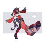  1girl absurdres animal_ear_fluff animal_ears aragiken barcode barcode_tattoo bare_shoulders black_hair border cable cable_tail cat_ears cat_girl cat_tail commentary corset detached_sleeves english_commentary facial_mark forehead_mark forehead_tattoo grey_background hairband highres mechanical_tail multiple_tails nekomiya_mana open_mouth outside_border outstretched_arms red_corset red_eyes red_hairband red_sleeves solo sparkle standing standing_on_one_leg tail tattoo triangle triangle_facial_mark two_tails white_border zenless_zone_zero 