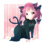  akisha all_fours animal_ears bad_id bad_pixiv_id barefoot bow braid cat_ears cat_tail dress fang green_dress hair_bow highres juliet_sleeves kaenbyou_rin long_hair long_sleeves looking_at_viewer multiple_tails nekomata puffy_sleeves red_eyes red_hair smile solo tail touhou twin_braids 