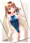  brand_name_imitation breasts brown_eyes brown_hair cellphone competition_swimsuit highleg highleg_swimsuit large_breasts mashinatsu mirror one-piece_swimsuit original phone reflection self_shot short_hair sideboob speedo_(company) swimsuit 