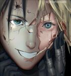  1boy artist_name black_gloves black_hair blonde_hair blood blood_on_face blood_on_mask blue_eyes bullet_hole character_mask cloud_strife colored_eyelashes cracked_kawaii_mask cracked_mask crying crying_with_eyes_open dirty dirty_face final_fantasy final_fantasy_vii gloves green_eyes grin hashtag-only_commentary jeriafterdark male_focus mask smile tears watermark zack_fair 