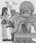  4girls absurdres aioi_yuuko arm_up bone_nigi closed_mouth commentary_request cube_hair_ornament dated double-parted_bangs glasses greyscale hair_between_eyes hair_ornament highres long_hair lower_teeth_only minakami_mai mini_person minigirl monochrome multiple_girls naganohara_mio necktie nichijou one_eye_closed open_mouth pleated_skirt school_uniform shinonome_nano short_hair short_sleeves short_twintails simple_background skirt socks teeth tokisadame_school_uniform tongue twintails 