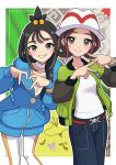  2girls black_hair blue_hoodie blush breasts brown_eyes brown_hair closed_mouth commentary_request cube_hair_ornament earclip green_jacket grey_eyes hair_ornament harmony_(pokemon) hat highres hood hood_down hoodie jacket leggings lida_(pokemon) long_hair long_sleeves looking_at_viewer multiple_girls open_clothes open_jacket open_mouth pants pokemon pokemon_legends:_z-a shirt short_hair smile teeth topknot white_hat white_shirt yuu_(jgvj7873) 