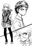  1girl 2boys absurdres ahoge animal_bag backpack bag cat_bag collared_shirt commentary_request danganronpa_(series) danganronpa_2:_goodbye_despair dress_shirt flipped_hair greyscale hair_between_eyes highres hinata_hajime jacket komaeda_nagito medium_hair messy_hair miniskirt monochrome multiple_boys nanami_chiaki necktie open_clothes open_jacket pleated_skirt shirt shoes short_hair skirt smile standing thighhighs two-tone_shirt uranagi_(uranaginasi) zettai_ryouiki 