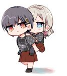  2girls 5th_live_tour_~4pair_power_spread!!!!~ black_shoes black_skirt blue_eyes brown_skirt carrying carrying_person ceras_yanagida_lilienfeld closed_mouth commentary deformed edel_note grey_hair grey_sleeves hair_ribbon haz katsuragi_izumi link!_like!_love_live! love_live! medium_skirt multiple_girls orange_eyes piggyback pink_ribbon plaid_clothes plaid_sleeves ribbon shoes skirt slit_pupils smile v-shaped_eyebrows virtual_youtuber walking 