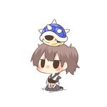  black_eyes blue_shell blush brown_hair chibi kaga_(kantai_collection) kantai_collection lowres mario_(series) muneate object_on_head rebecca_(keinelove) seiza shell short_hair side_ponytail sitting solid_circle_eyes solo spikes super_mario_bros. 