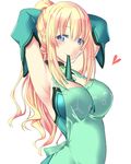  adjusting_hair apron armpits arms_up blonde_hair blue_eyes blush breasts cleavage detached_sleeves emoticon hair_ribbon heart large_breasts long_hair looking_at_viewer minagi mouth_hold neptune_(series) ponytail ribbon sidelocks simple_background smile solo tying_hair vert white_background 