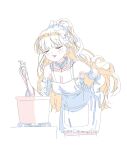  1girl apron blonde_hair blush_stickers bow breasts cleavage closed_eyes color_trace cooking cooking_pot cowboy_shot dress facing_viewer hair_bow hand_on_own_hip highres holding holding_ladle ladle large_breasts leaning_forward long_hair long_sleeves mahou_shoujo_no_majo_saiban mole mole_under_eye open_mouth saeki_miria simple_background smile solo standing stove tsujiya_okuyasu white_background 