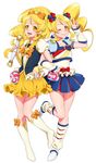  2girls alternate_form blonde_hair blue_skirt boots bow bowtie brooch cure_honey dual_persona earrings frills full_body hair_bow happinesscharge_precure! highres jewelry knee_boots locked_arms long_hair magical_girl multicolored multicolored_clothes multicolored_skirt multiple_girls one_eye_closed oomori_yuuko popcorn_cheer precure skirt smile twintails v wand white_background wide_ponytail wrist_cuffs yellow_eyes yellow_skirt 
