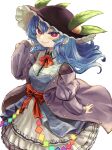  1girl absurdres alternate_costume black_hat blue_dress blue_hair bow coat commentary_request dress dress_bow ear_piercing earrings frilled_dress frills hat highres hinanawi_tenshi jewelry kaden_(muxt8423) layered_dress long_hair looking_at_viewer peach_hat_ornament piercing purple_coat purple_eyes red_bow simple_background smile solo touhou two-tone_dress white_background white_dress 