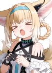  >_< 1girl absurdres animal_ear_fluff animal_ears arknights bare_shoulders black_collar black_gloves blonde_hair blue_hairband braid braided_hair_rings clenched_hand closed_eyes collar commentary earpiece fox_ears fox_girl fox_tail gloves hair_rings hairband hands_up highres infection_monitor_(arknights) lanyard material_growth open_mouth oripathy_lesion_(arknights) signature simple_background single_glove solo suzuran_(arknights) symbol-only_commentary tail twin_braids upper_body welt_(kinsei_koutenkyoku) white_background 