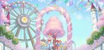  amusement_park arch arched_window argyle_clothes argyle_shorts artist_request asymmetrical_sleeves atmospheric_perspective baggy_shorts balloon black_thighhighs blue_hair blue_pants blue_sky breasts building bush carousel cherry_blossoms clown clown_mask clown_nose confetti contrast_collar day ferris_wheel fireworks flag floral_arch flower gloves gold_choker hat helga_(tales_weaver) highres jester jester_cap jester_costume juliet_sleeves long_sleeves mark_under_eye market_stall mask medium_breasts midriff mismatched_sleeves muntins navel nexon official_art pants pennant pink_flower plant potted_plant print_hat puffy_sleeves red_gloves red_hat red_nose red_sleeves red_tube_top second-party_source short_hair sky spire star_(symbol) star_print steeple strapless tales_weaver thighhighs tower tree tube_top two-tone_hat two-tone_shirt white_hair white_pants wide_sleeves window yellow_sleeves 