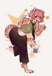  1girl :d animal_ears artist_name bare_shoulders black_necktie blue_eyes brown_pants furry furry_female green_shirt headphones highres necktie original pants pink_hair pita-potato qr_code shirt short_hair smile solo standing standing_on_one_leg star_(symbol) tail tiger_ears tiger_girl tiger_tail white_background 