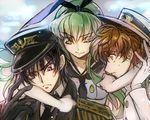  2boys admiral_(kantai_collection) admiral_(kantai_collection)_(cosplay) arm_around_neck black_gloves black_hair brown_hair c.c. code_geass cosplay creayus elbow_gloves gloves green_hair hairband hat hug kantai_collection kururugi_suzaku lelouch_lamperouge long_hair military military_uniform multiple_boys one_eye_closed peaked_cap purple_eyes shimakaze_(kantai_collection) shimakaze_(kantai_collection)_(cosplay) sweatdrop uniform white_gloves yellow_eyes 