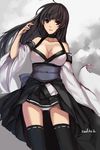  artist_name bad_id bad_pixiv_id bare_shoulders black_hair black_legwear breasts brown_eyes cleavage collarbone detached_sleeves eien_no_aselia eternity_sword_series hakama_skirt highres large_breasts long_hair miniskirt narukana_(seinarukana) obi panties ribbon-trimmed_legwear ribbon_trim sash seinarukana skirt solo swd3e2 thighhighs underwear white_panties 