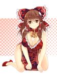  alternate_costume bad_id bad_pixiv_id bow breasts brown_eyes brown_hair china_dress chinese_clothes cleavage cleavage_cutout dress floral_print hair_bow hair_ornament hair_tubes hakurei_reimu halftone halftone_background high_heels highres kneeling large_breasts looking_at_viewer red_dress red_string side_slit smile solo string touhou x&amp;x&amp;x yin_yang 