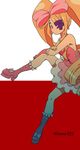  bare_shoulders blonde_hair blue_eyes boots bow dress drill_hair earrings eyepatch hair_bow harime_nui heart jewelry kill_la_kill long_hair pink_bow pink_dress pink_footwear saekitakaomi sitting solo strapless strapless_dress twin_drills twintails wrist_cuffs 