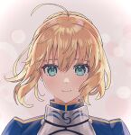  1girl absurdres ahoge armor armored_dress artoria_pendragon_(fate) blonde_hair bomberca309 braid braided_bun closed_mouth commentary_request dress fate/grand_order fate_(series) green_eyes grey_background hair_between_eyes hair_bun highres looking_at_viewer portrait saber_(fate) short_hair sidelocks single_hair_bun smile solo straight-on 