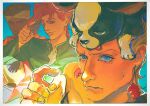  3boys animal animal_on_head asymmetrical_bangs blue_background blue_eyes border brown_eyes brown_hair comb dark-skinned_male dark_skin dog earrings film_grain gakuran grey_hair hand_up headband highres holding holding_comb iggy_(jojo) jean_pierre_polnareff jewelry jojo_no_kimyou_na_bouken kakyoin_noriaki looking_at_viewer male_focus mohammed_avdol multiple_boys on_head parted_bangs red_eyes red_hair school_uniform sketch smile stardust_crusaders sweat tongue tongue_out uu0000322 white_border 