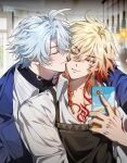  2boys antenna_hair apron bboo_hoyo black_choker black_sweater blonde_hair blue_coat blush braid brown_apron chest_tattoo choker closed_eyes coat collared_shirt commentary earrings facial_tattoo gold_earrings gradient_hair highres holding holding_phone honkai:_star_rail honkai_(series) jewelry kiss kissing_cheek male_focus medium_hair multicolored_hair multiple_boys mydei_(delicacies)_(honkai:_star_rail) mydei_(honkai:_star_rail) official_alternate_costume parted_bangs phainon_(honkai:_star_rail) phainon_(luckin_coffee)_(honkai:_star_rail) phone red_hair red_tattoo shirt short_hair side_braid sweater tattoo turtleneck turtleneck_sweater white_hair white_shirt yaoi yellow_eyes 