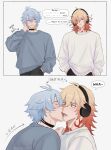  2boys absurdres antenna_hair black_choker black_pants blazingstrife blonde_hair blue_eyes blush braid chest_tattoo choker commentary english_commentary facial_tattoo gradient_hair grey_sweater headphones highres honkai:_star_rail honkai_(series) kiss male_focus medium_hair multicolored_hair multiple_boys mydei_(honkai:_star_rail) neck_tattoo pants parted_bangs phainon_(honkai:_star_rail) red_hair short_hair side_braid sun_symbol sun_tattoo sweater tattoo white_hair white_sweater yaoi yellow_eyes 
