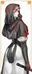  1girl ass black_capelet black_gloves black_hood blood blood_on_face capelet commentary dress elbow_gloves elden_ring elden_ring_nightreign english_commentary gloves highres holding holding_weapon hood kamisato_sora looking_at_viewer mace nun solo undertaker_(elden_ring) weapon white_coif 