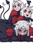  3girls :d absurdres animal_ears black_gloves black_necktie black_pants black_vest bone_nigi cerberus_(helltaker) commentary_request dated demon_tail dog_ears dog_girl gloves grin helltaker highres long_hair long_sleeves looking_at_viewer multiple_girls necktie open_mouth pants parted_bangs red_eyes red_shirt shirt siblings simple_background sisters smile tail teeth triplets upper_teeth_only vest white_background white_hair wing_collar 