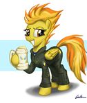  badge beer_stein beerstein blonde_hair brown_eyes cider clothing coveralls cup equine female foam friendship_is_magic hair horse looking_at_viewer mammal mattings my_little_pony orange_hair overalls patch pony smile spitfire_(mlp) two_tone_hair wonderbolts_(mlp) 