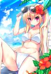  bad_id bad_pixiv_id beach bikini blonde_hair breasts chair cleavage day eyewear_on_head flower hair_flower hair_ornament hibiscus highres inose_riku large_breasts long_hair lounge_chair lying navel on_back original purple_eyes solo sunglasses swimsuit twintails underboob white_bikini 