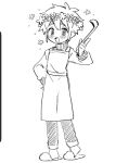  1boy alternate_costume antenna_hair apron art_program_in_frame azu_(soramm_cake) basil_(faraway)_(omori) basil_(omori) blush commentary_request double-parted_bangs flower flower_wreath full_body greyscale hair_between_eyes hand_on_own_hip head_wreath highres holding holding_ladle index_finger_raised ladle long_sleeves looking_at_viewer monochrome omori open_mouth pants short_hair sidelocks sketch slippers smile solo sweater turtleneck turtleneck_sweater 