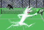  2019 ambiguous_gender anthro ball black_body black_fur canid canine canis demensa detailed_background digital_media_(artwork) duo fur holding_racket mammal open_mouth pink_nose pixel_(artwork) sport tennis tennis_ball tennis_racket white_body white_fur wolf 