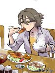  1boy bird blush brown_eyes brown_hair chair chicken chicken_(food) chopsticks collarbone earrings eating food fried_chicken hair_between_eyes half_updo holding holding_chopsticks jacket jewelry kazuma_(precure) kimi_to_idol_precure long_sleeves mature_male meal miso_soup multiple_earrings neck open_clothes open_jacket parted_bangs pineapple_1-gou plate precure rice ring shirt short_hair solo solo_focus soy_sauce soy_sauce_bottle table twitter_username 