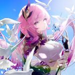  1girl absurdres bird black_gloves black_shrug blue_eyes blue_flower blue_rose blue_sky breasts chinese_commentary commentary_request corset dove elf elysia_(honkai_impact) elysia_(miss_pink_elf)_(honkai_impact) flower gloves hair_ornament highres holding holding_flower honkai_(series) honkai_impact_3rd large_breasts long_hair looking_at_viewer pink_hair pointy_ears rose shrug_(clothing) single_glove sky smile solo su28534411 too_many too_many_birds very_long_hair white_corset 