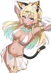  1girl absurdres ancient_egyptian ancient_egyptian_clothes animal_ears blonde_hair blush breasts brown_egyptian_cat-eared_loli_(trend) cat_ears cat_girl cat_tail collar commentary_request feet_out_of_frame gold_jewelry green_eyes highres jewelry long_hair looking_at_viewer medium_breasts navel niban_(puka_0507) open_mouth original simple_background solo standing tail white_background 