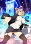  1girl architecture black_garter_straps black_jacket black_skirt black_thighhighs blush bow breasts brown_hair building castle casual cleavage cleavage_cutout clothing_cutout curly_hair garter_straps green_eyes hair_bow hair_ribbon haruka_(senran_kagura) highres jacket lab_coat large_breasts lens_flare light_particles light_rays looking_at_viewer night night_sky official_art open_mouth outdoors outstretched_arms pencil_skirt pink_bow reaching reaching_towards_viewer red_thighhighs ribbed_sweater ribbon robot senran_kagura senran_kagura_new_wave senran_kagura_shoujo-tachi_no_shin'ei shiny_skin short_hair skirt sky smile snowflakes solo spread_arms star_(sky) starry_sky striped_clothes striped_thighhighs sweater swept_bangs teeth thighhighs tongue tower turtleneck turtleneck_sweater two-tone_thighhighs upper_teeth_only white_sweater window yaegashi_nan 