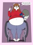 3:4 anthro belly big_breasts breasts cleavage clothed clothing disability english_text felid feline female hi_res huge_breasts mammal navel pantherine snow_leopard solo text thaliaglacyswells thick_thighs vehicle weight_gain wheelchair wide_hips