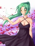  arios_(orochi_yuta) bare_shoulders black_dress blood breasts cleavage dress green_eyes green_hair highres higurashi_no_naku_koro_ni large_breasts long_hair ponytail solo sonozaki_mion 