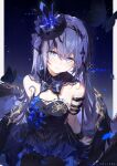  1girl absurdres art_study bare_shoulders black_bow black_bowtie black_dress black_hairband black_pantyhose blue_butterfly blue_dress blue_eyes blue_hair blue_pupils bow bowtie breasts bug butterfly character_name chinese_commentary cleavage closed_mouth colored_inner_hair commentary_request crown dress gradient_clothes gradient_dress hair_between_eyes hair_ornament hairband highres honkai_(series) honkai_impact_3rd light_blush long_hair looking_at_viewer medium_breasts multicolored_hair official_alternate_costume pantyhose seele_vollerei seele_vollerei_(eternal_night's_embrace) seele_vollerei_(herrscher_of_rebirth) solo szi_f 