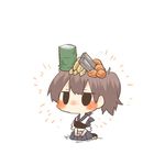 ammunition bauxite black_eyes blush brown_hair chibi drum_(container) food kaga_(kantai_collection) kantai_collection lowres metal muneate object_on_head rebecca_(keinelove) short_hair side_ponytail simple_background sitting solo white_background 
